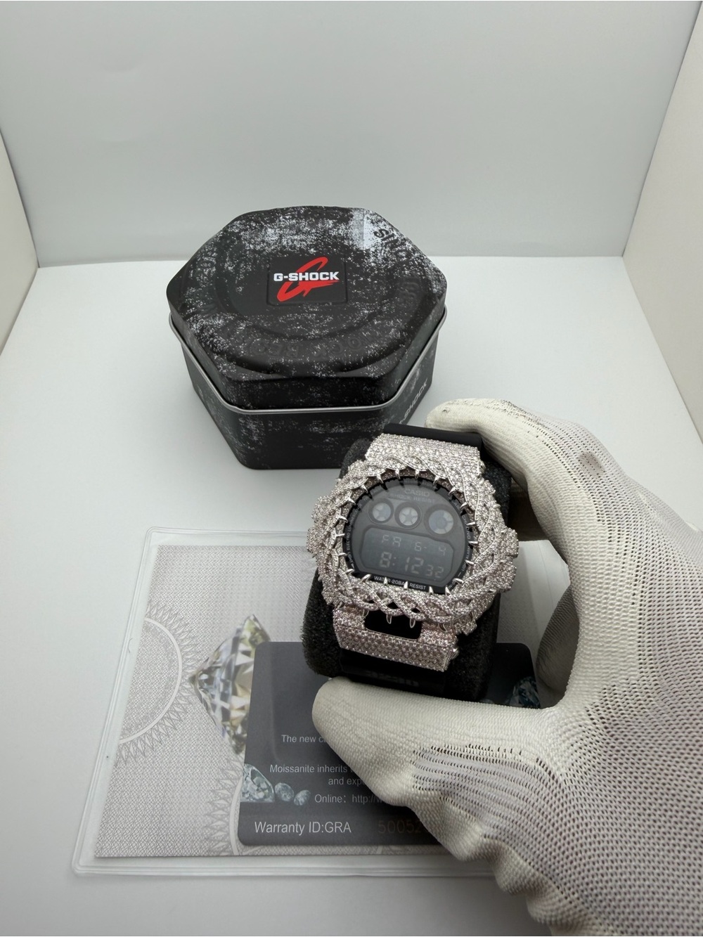 G-Shock Black Digital Watch with Silver Moissanite VVS Pavé Bezel